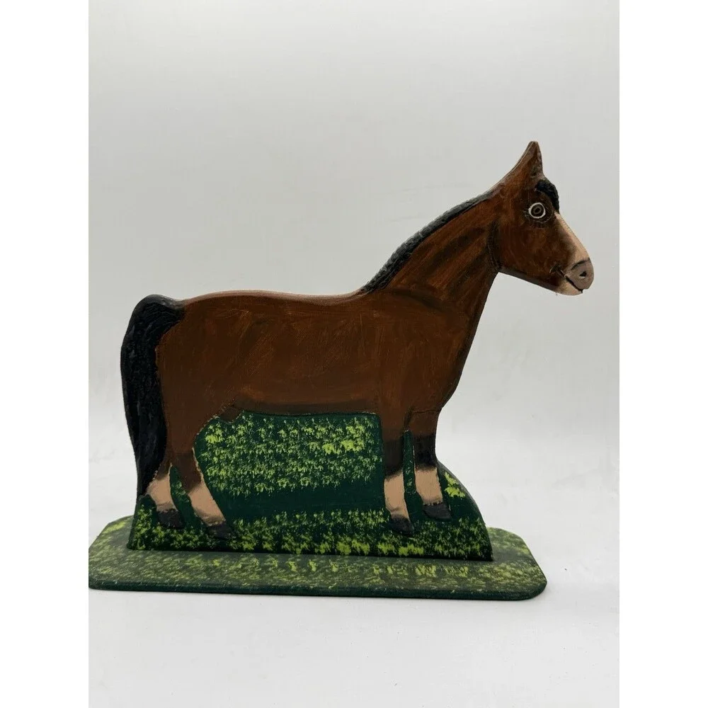 Vintage 1989 Menno Shirk Folk Art Wood Carved Brown Horse 9.5” w/ Signed Base